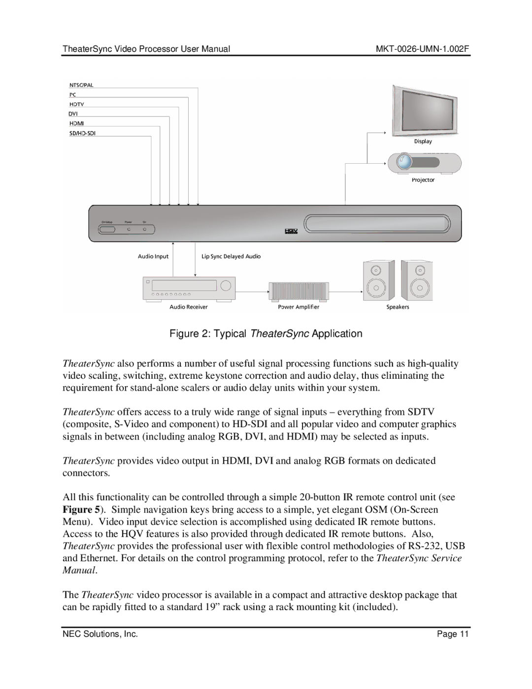 NEC TheaterSync Video Processor user manual Typical TheaterSync Application 