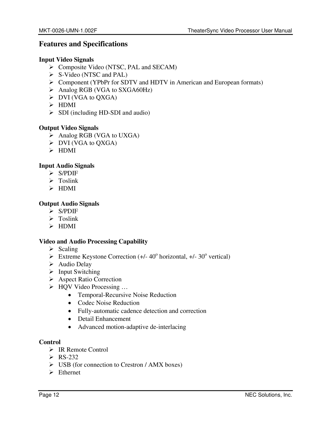 NEC TheaterSync Video Processor user manual Features and Specifications 