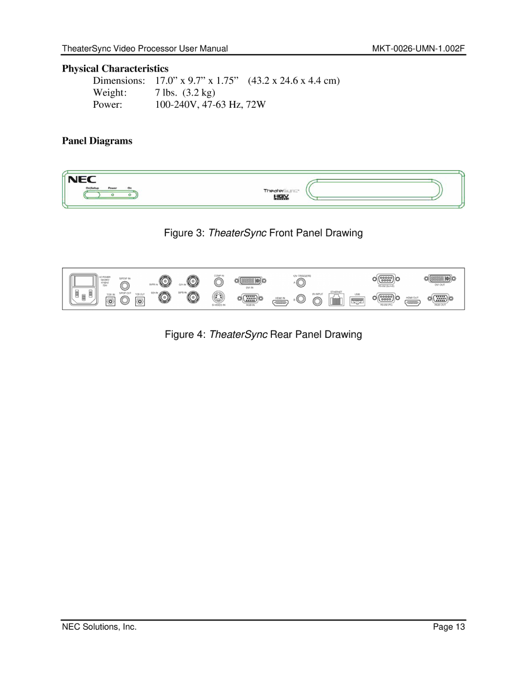 NEC TheaterSync Video Processor user manual Panel Diagrams 