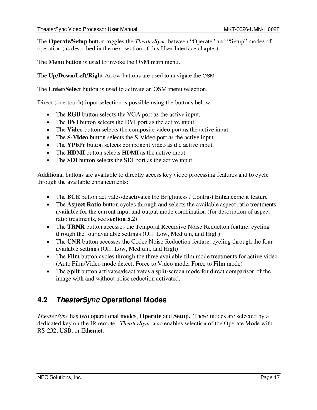 NEC TheaterSync Video Processor user manual TheaterSync Operational Modes 