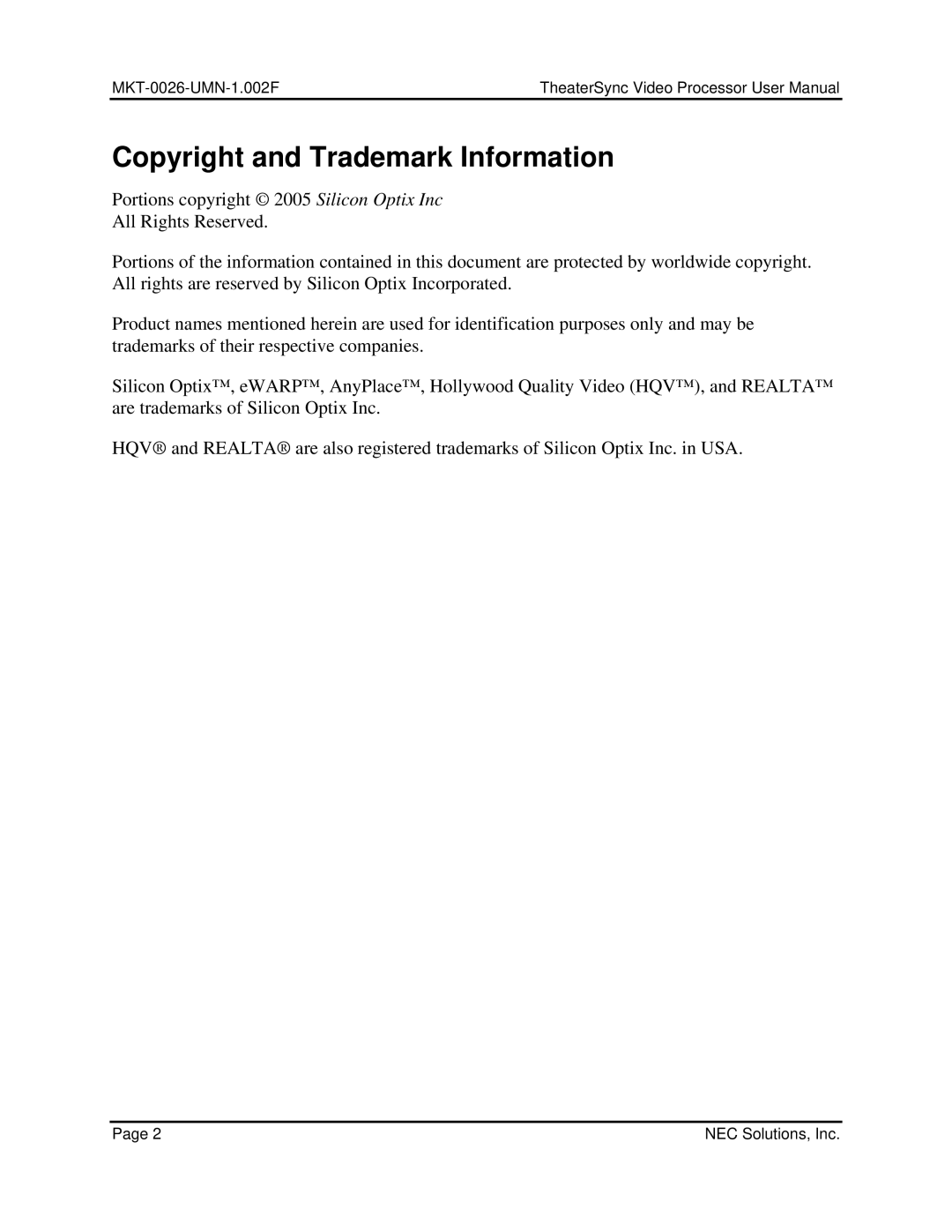 NEC TheaterSync Video Processor user manual Copyright and Trademark Information 