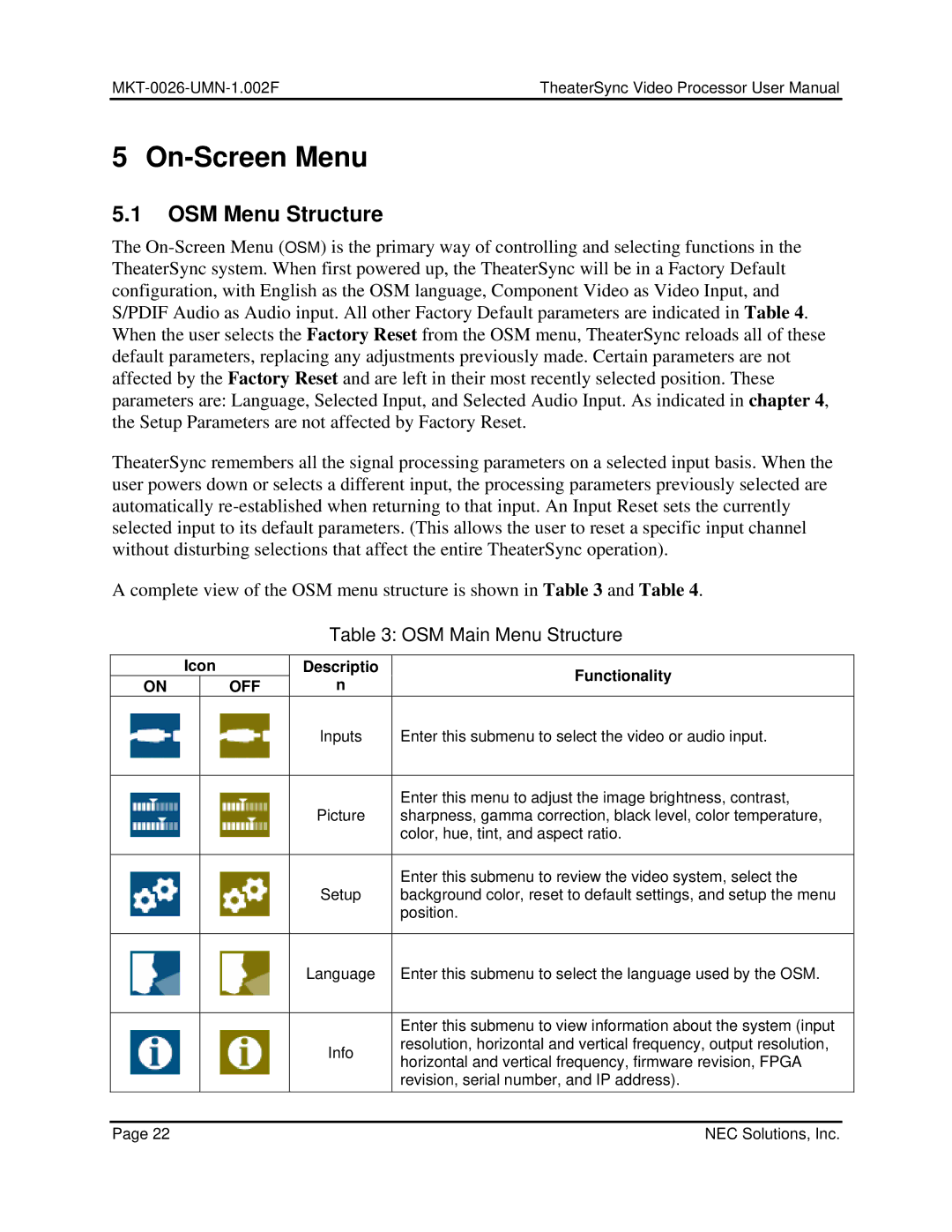 NEC TheaterSync Video Processor user manual On-Screen Menu, OSM Menu Structure, OSM Main Menu Structure 