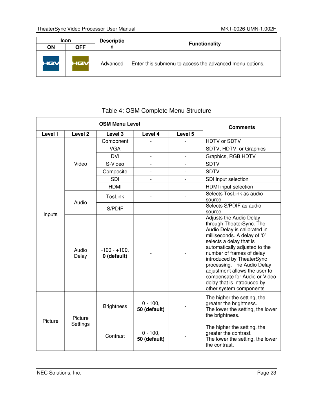 NEC TheaterSync Video Processor user manual OSM Complete Menu Structure, OSM Menu Level Comments 