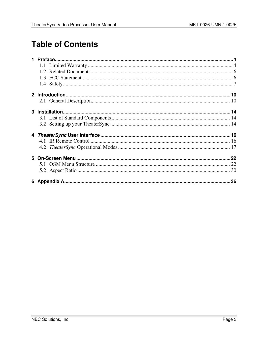 NEC TheaterSync Video Processor user manual Table of Contents 