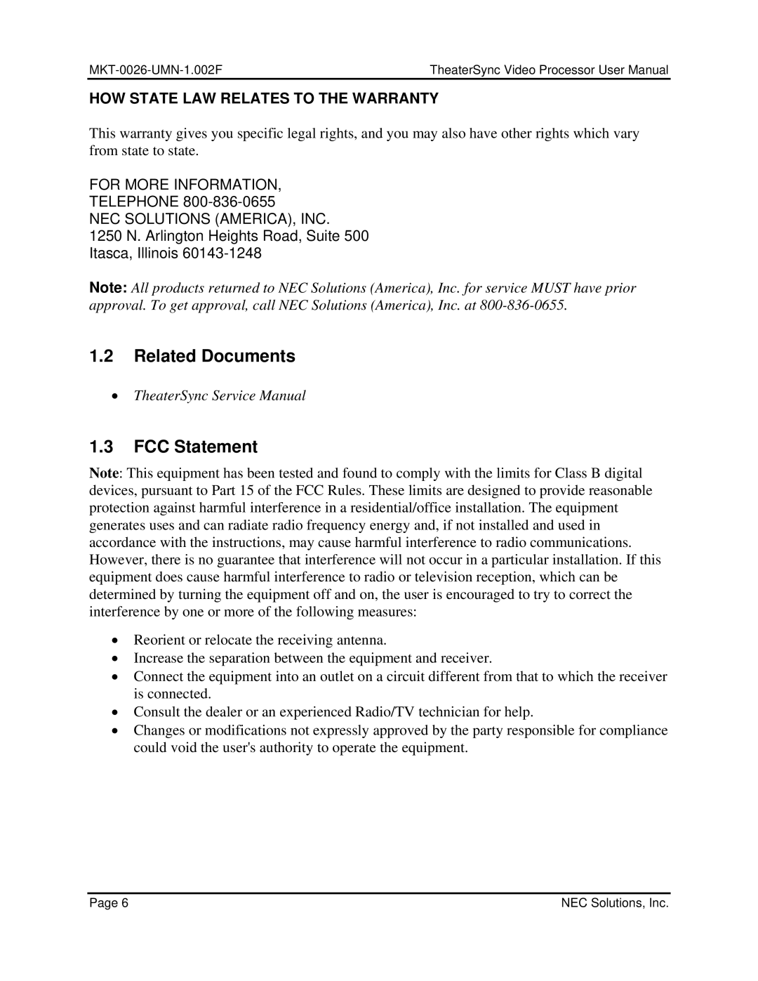 NEC TheaterSync Video Processor user manual Related Documents FCC Statement, Telephone 