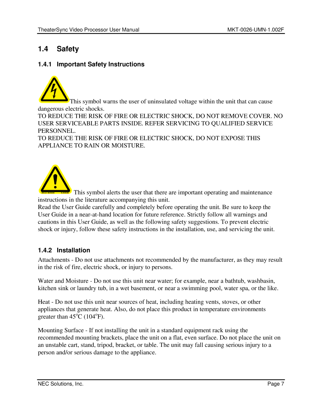 NEC TheaterSync Video Processor user manual Important Safety Instructions 