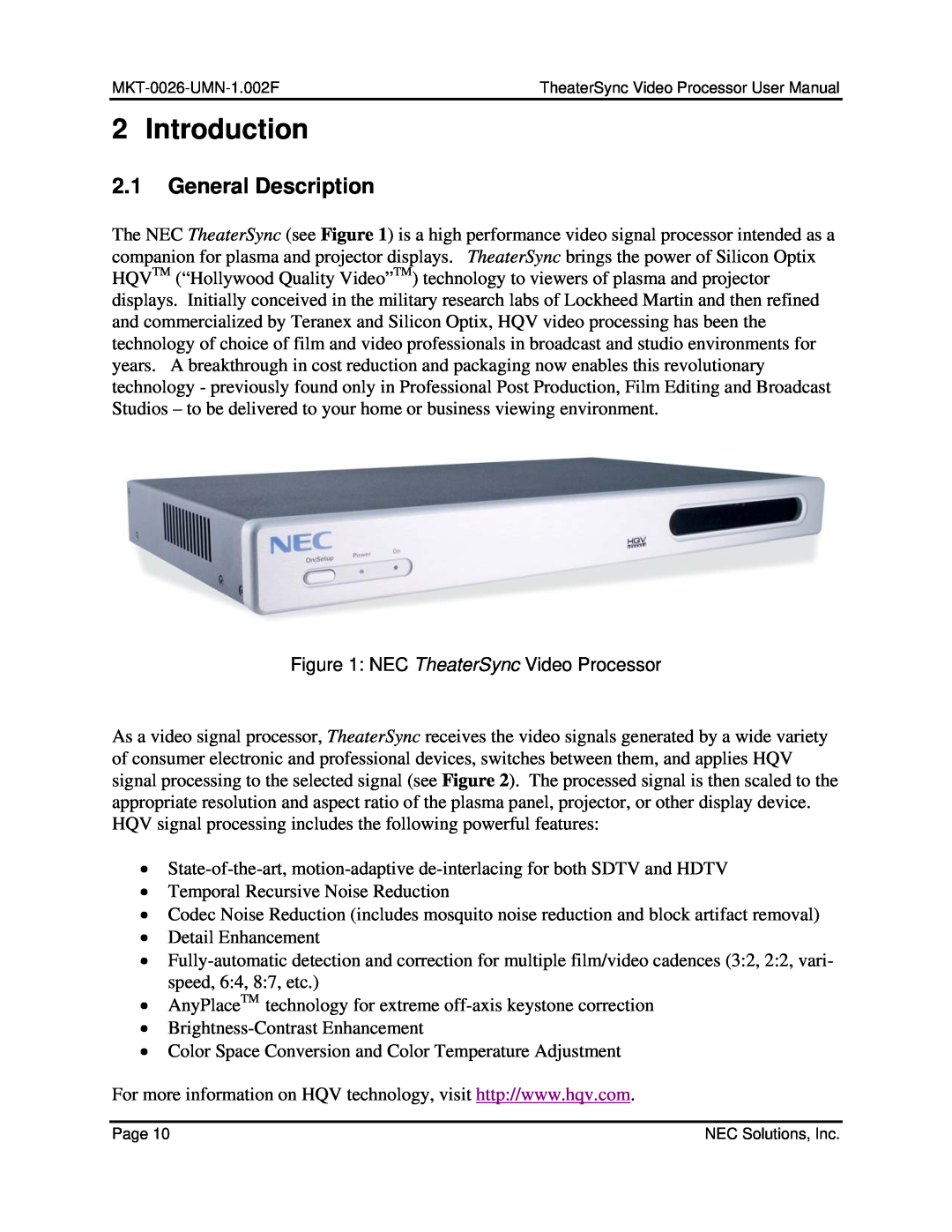 NEC TheaterSync Video Processor user manual Introduction, 2.1General Description 