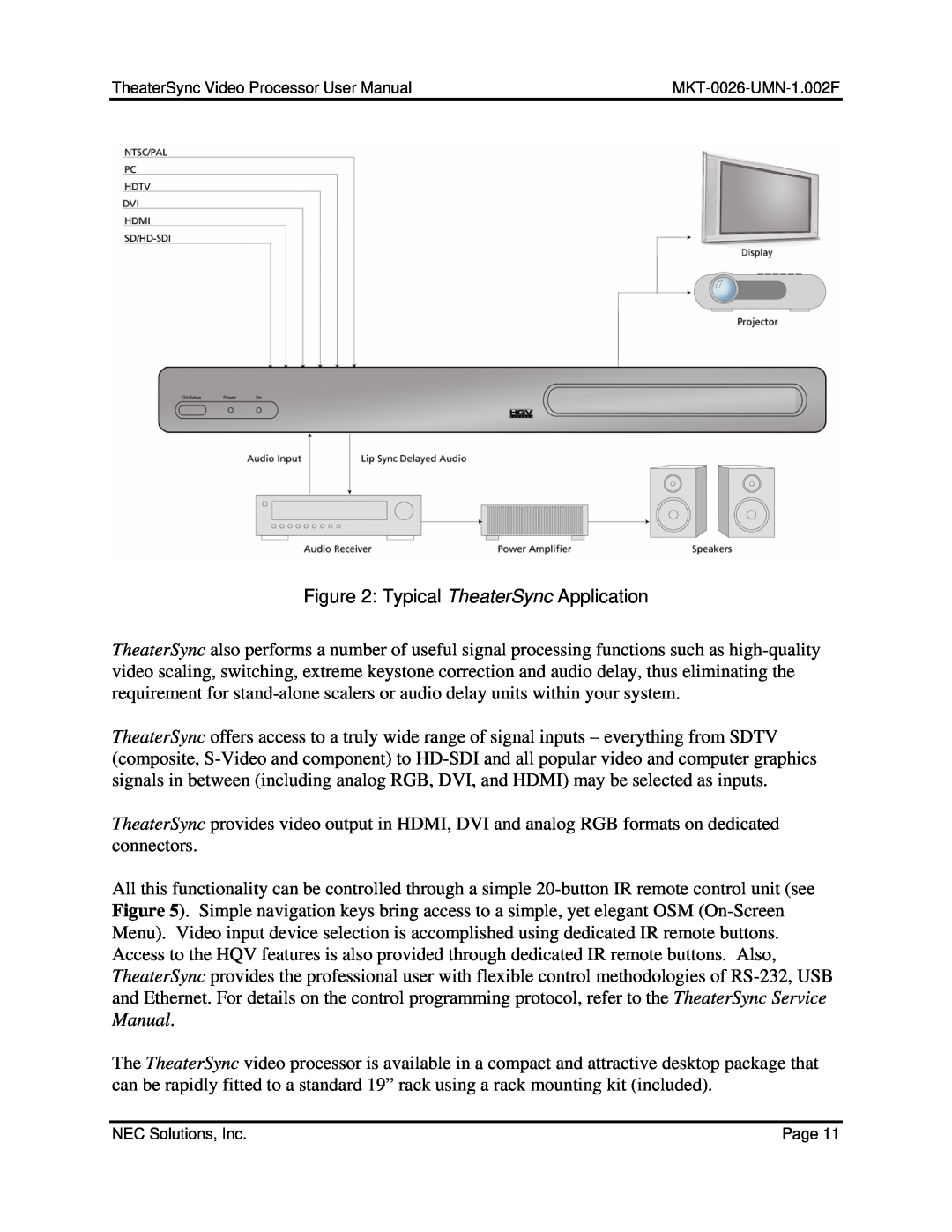 NEC TheaterSync Video Processor user manual Typical TheaterSync Application 
