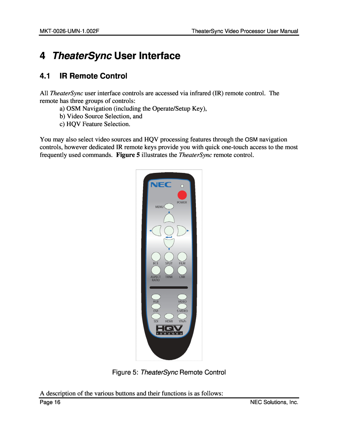 NEC TheaterSync Video Processor user manual TheaterSync User Interface, 4.1IR Remote Control 