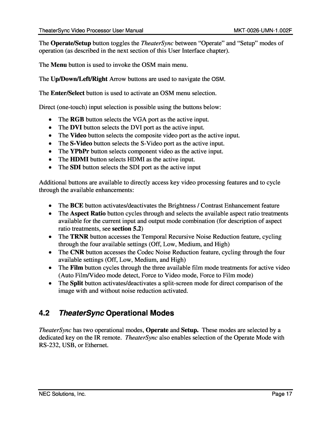 NEC TheaterSync Video Processor user manual 4.2TheaterSync Operational Modes 