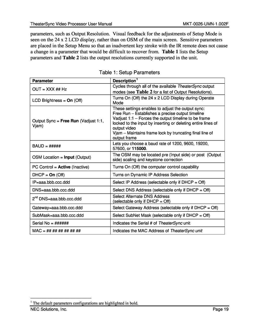 NEC TheaterSync Video Processor user manual Setup Parameters, Description1 