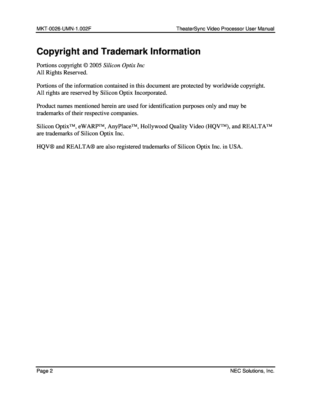 NEC TheaterSync Video Processor user manual Copyright and Trademark Information 