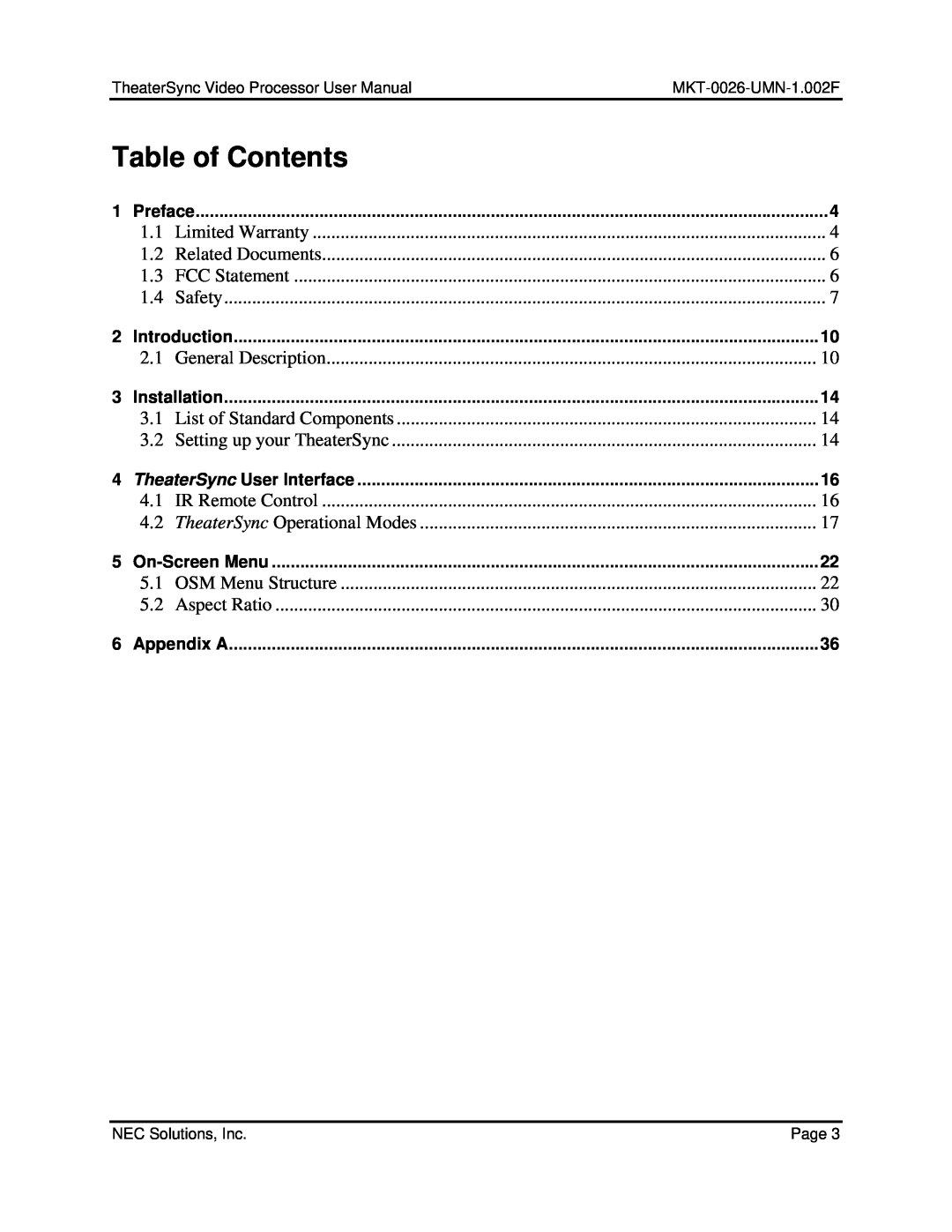 NEC TheaterSync Video Processor user manual Table of Contents 