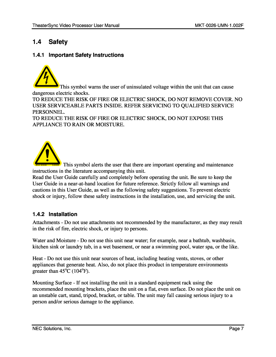 NEC TheaterSync Video Processor user manual 1.4Safety, Important Safety Instructions, Installation 