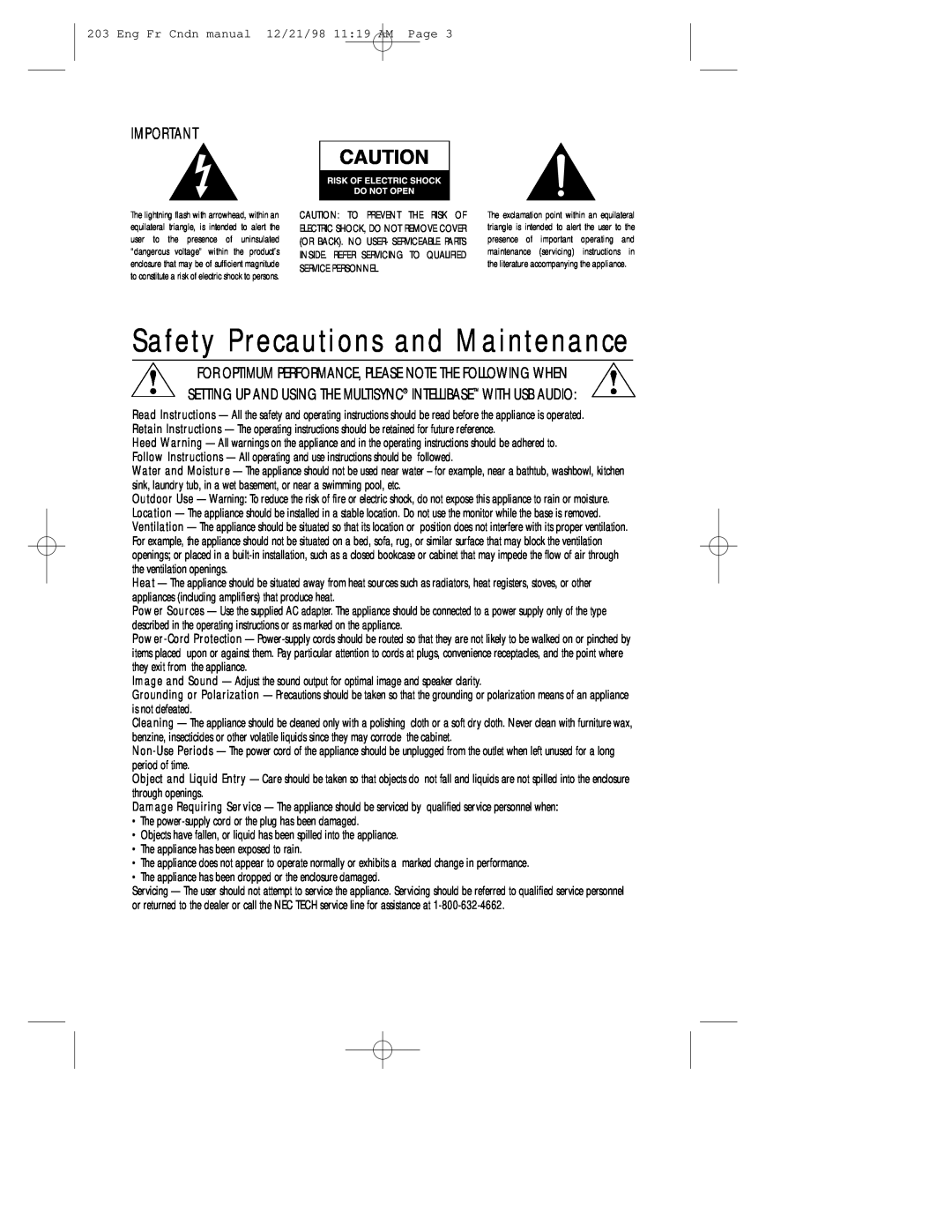 NEC USB user manual Safety Precautions and Maintenance 