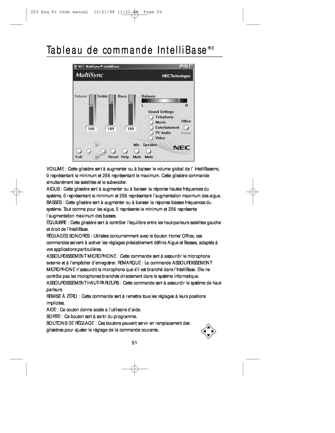 NEC USB user manual Tableau de commande IntelliBasemc 