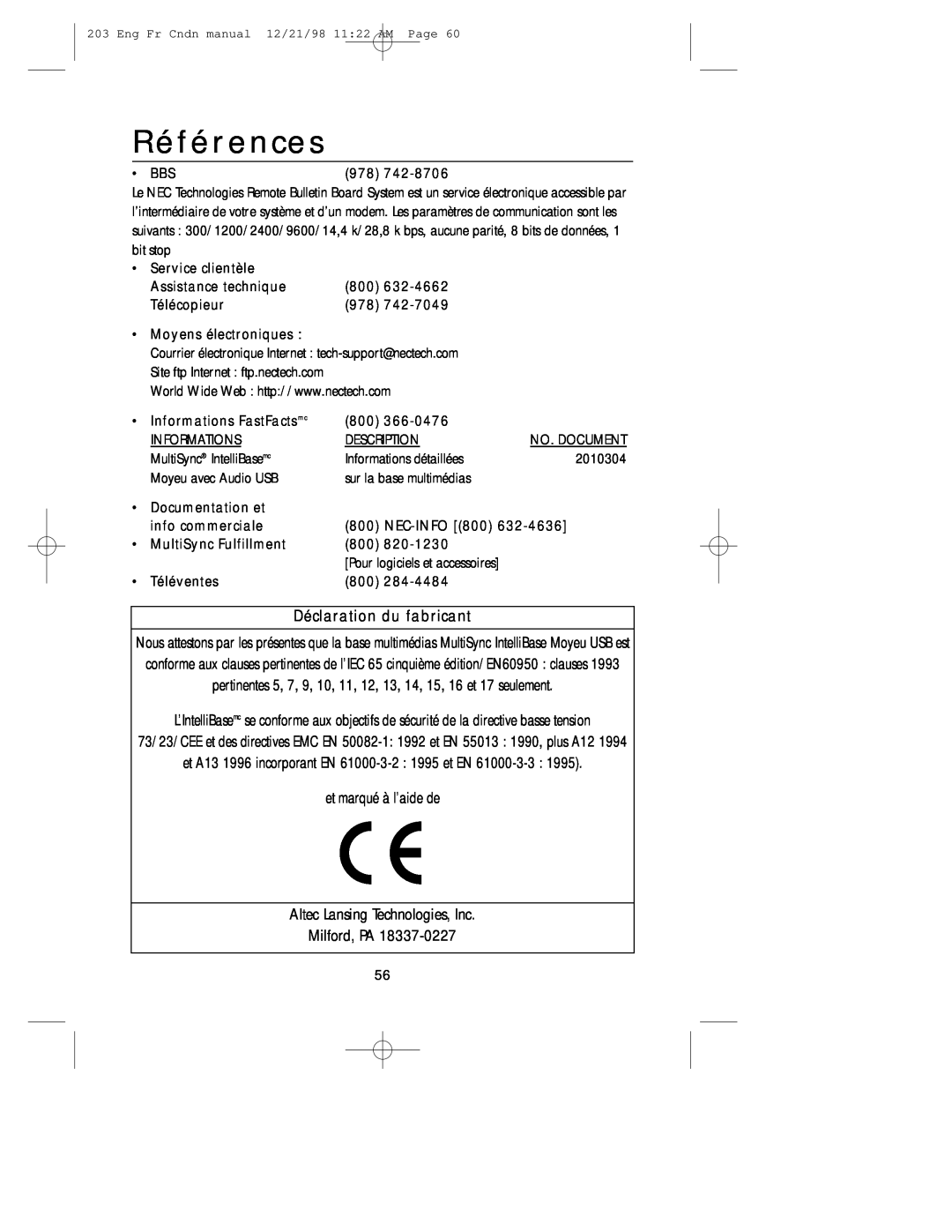 NEC USB user manual Références, Déclaration du fabricant 