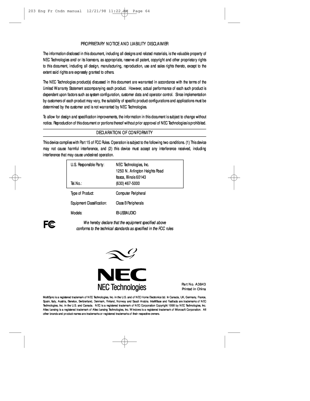 NEC USB user manual Proprietary Notice And Liability Disclaimer, Declaration Of Conformity 