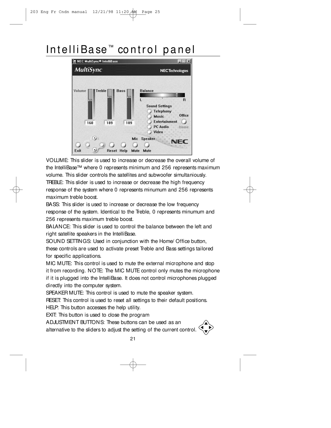 NEC USB user manual IntelliBase control panel 