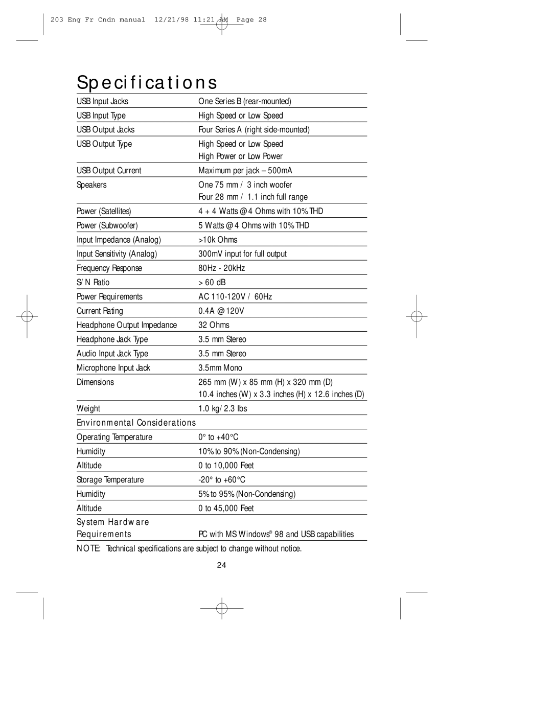 NEC USB user manual Specifications, System Hardware Requirements 