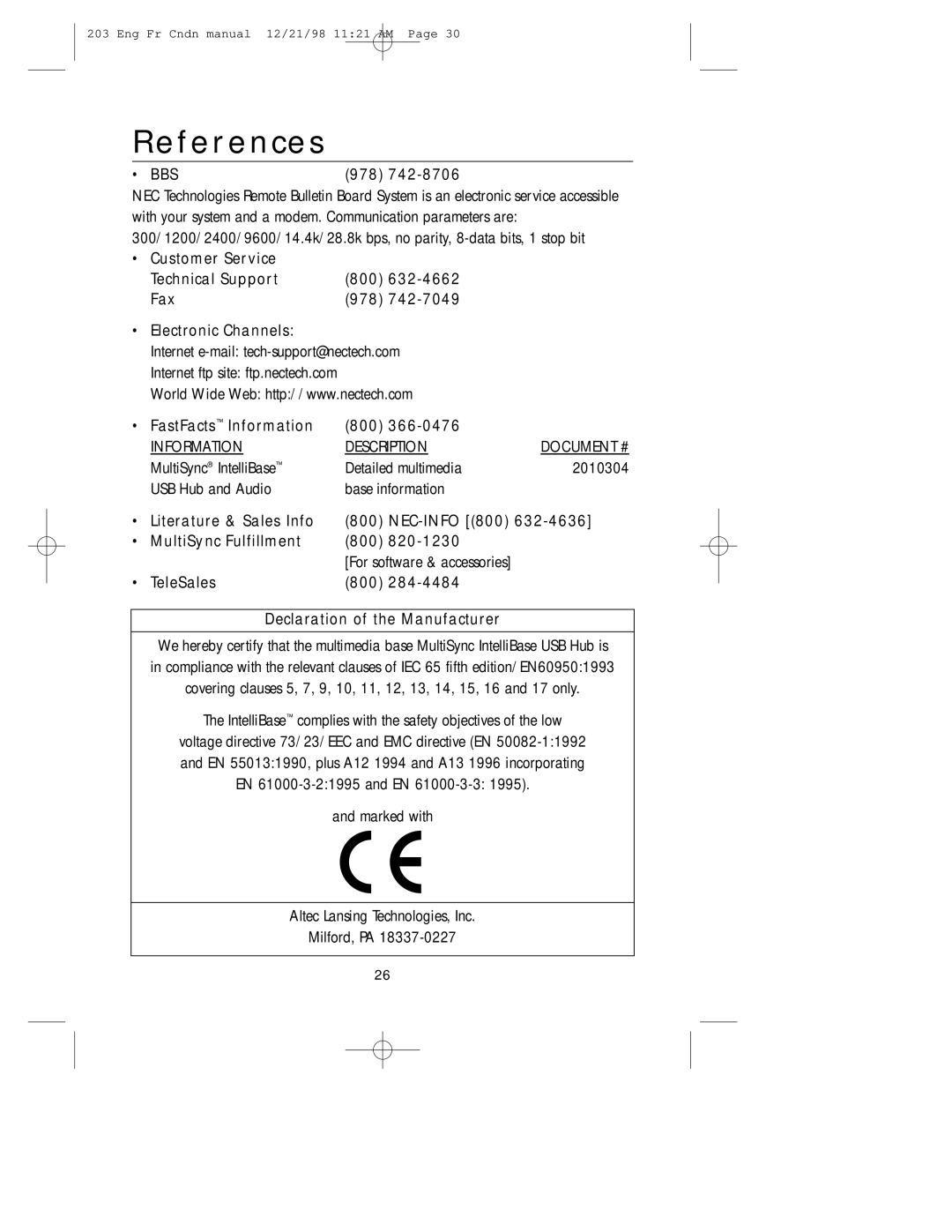 NEC USB user manual References, 978, FastFacts Information 800 