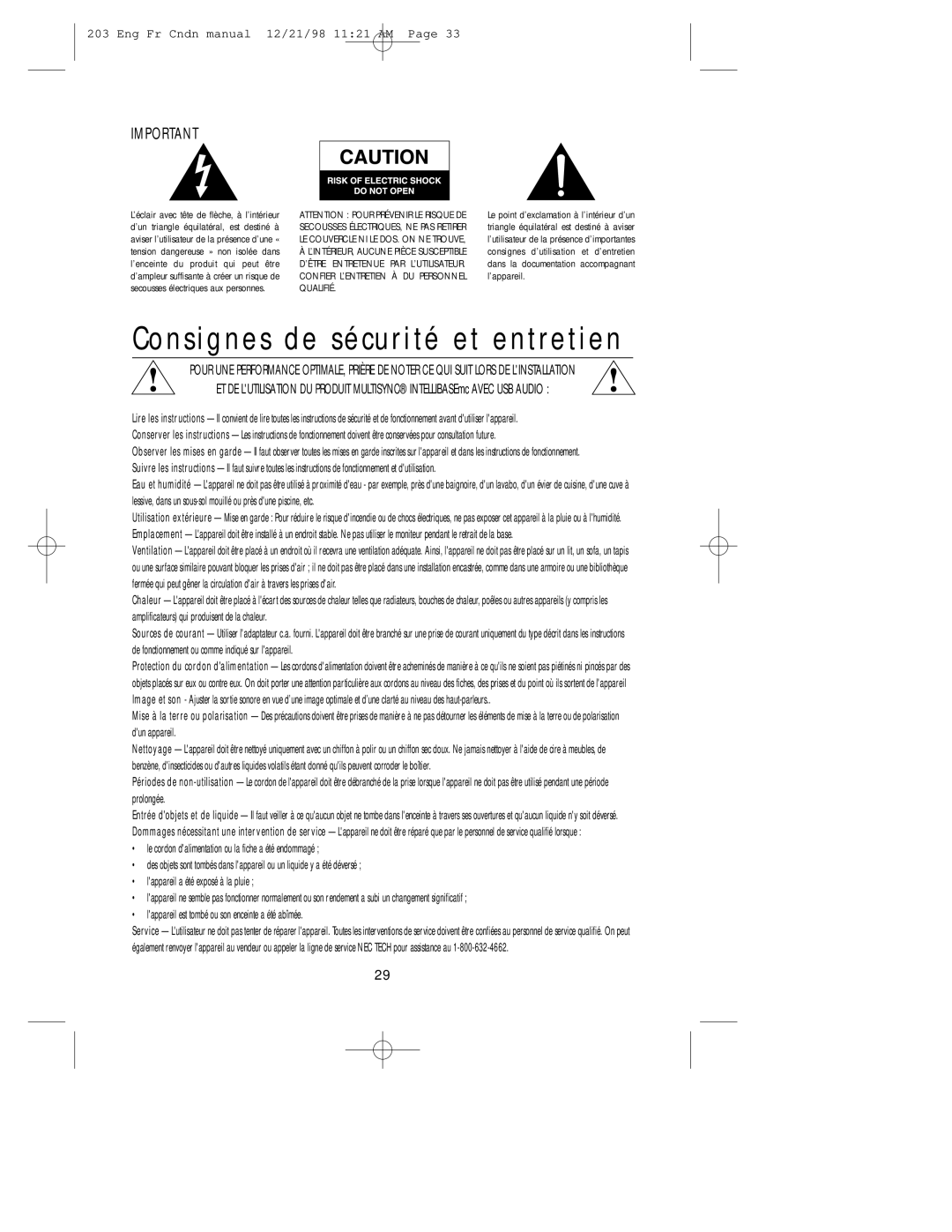 NEC USB user manual Consignes de sécurité et entretien 