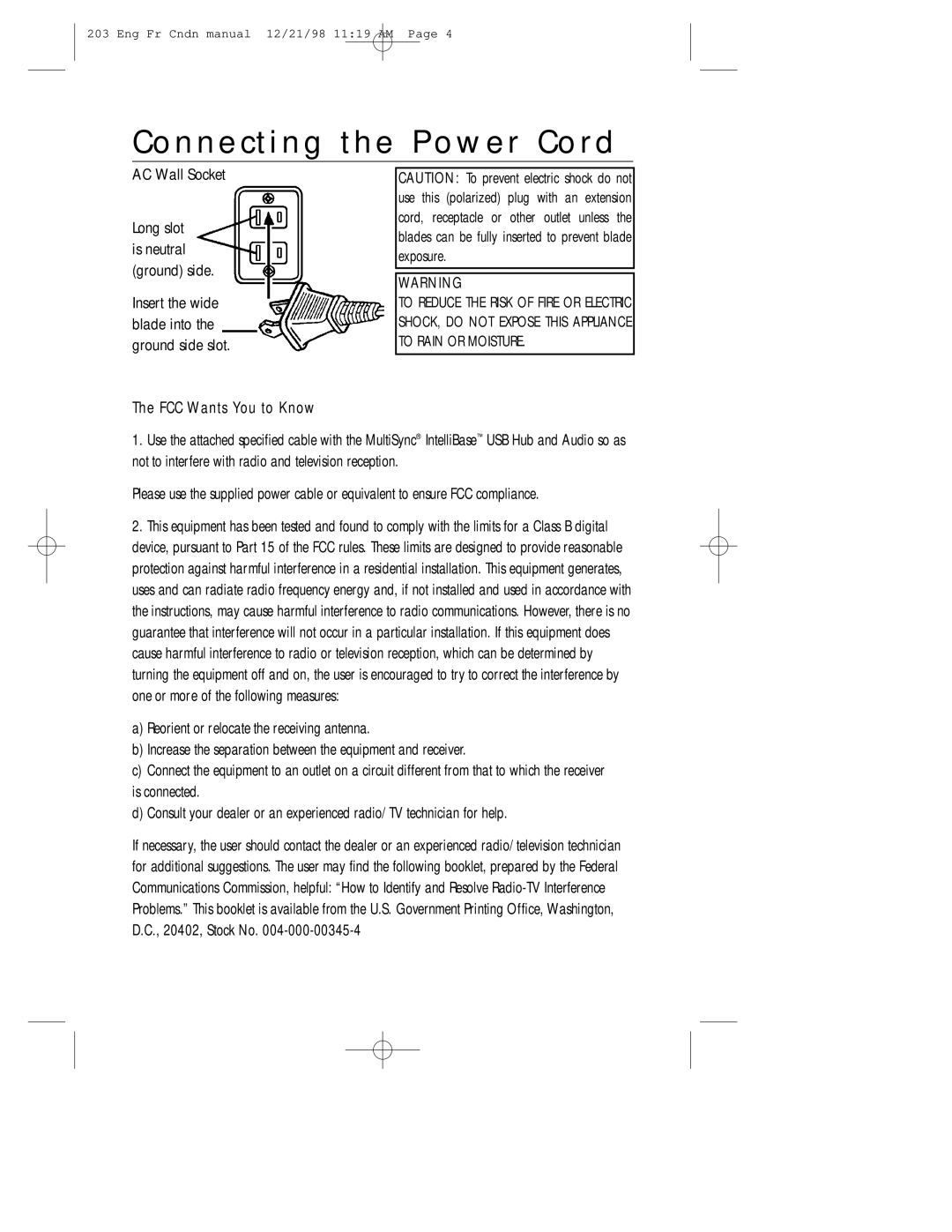 NEC USB user manual Connecting the Power Cord, FCC Wants You to Know 