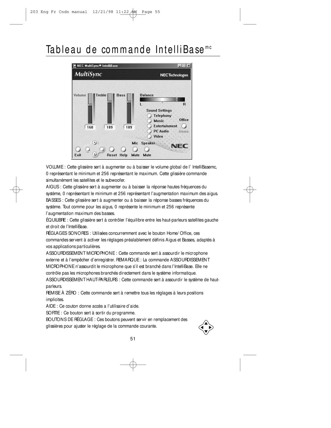 NEC USB user manual Tableau de commande IntelliBasemc 