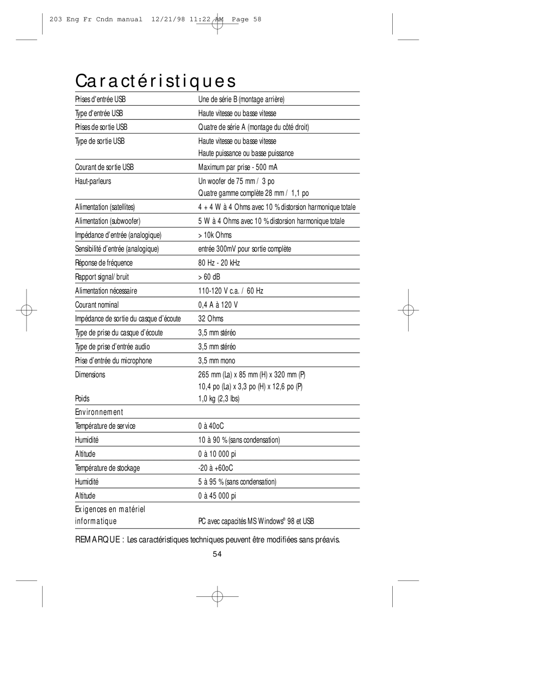 NEC USB user manual Caractéristiques, Environnement, Exigences en matériel Informatique 