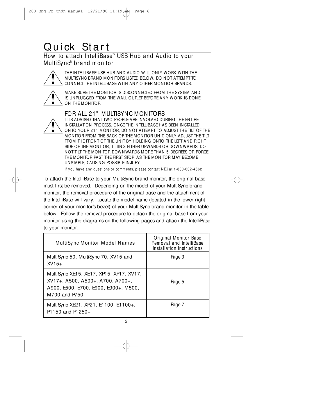 NEC USB user manual Quick Start, MultiSync Monitor Model Names Original Monitor Base 