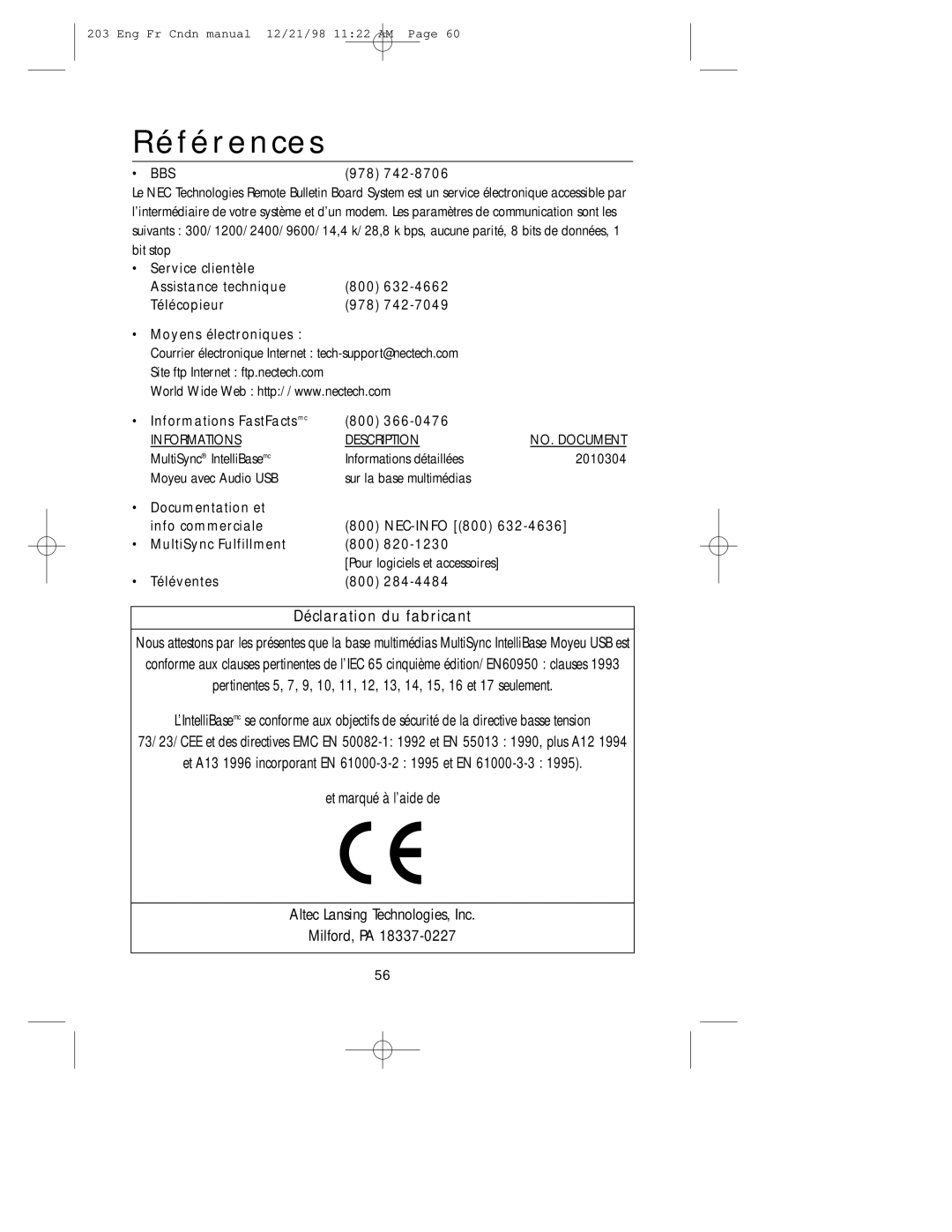 NEC USB user manual Références, Déclaration du fabricant 