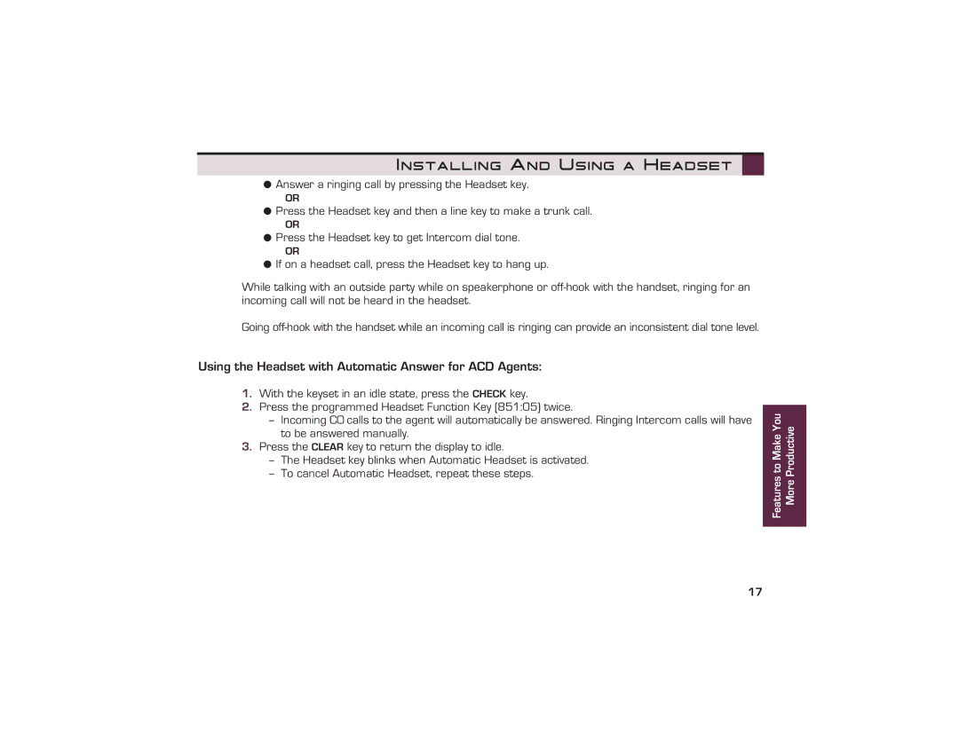 NEC UX5000 manual Using the Headset with Automatic Answer for ACD Agents 