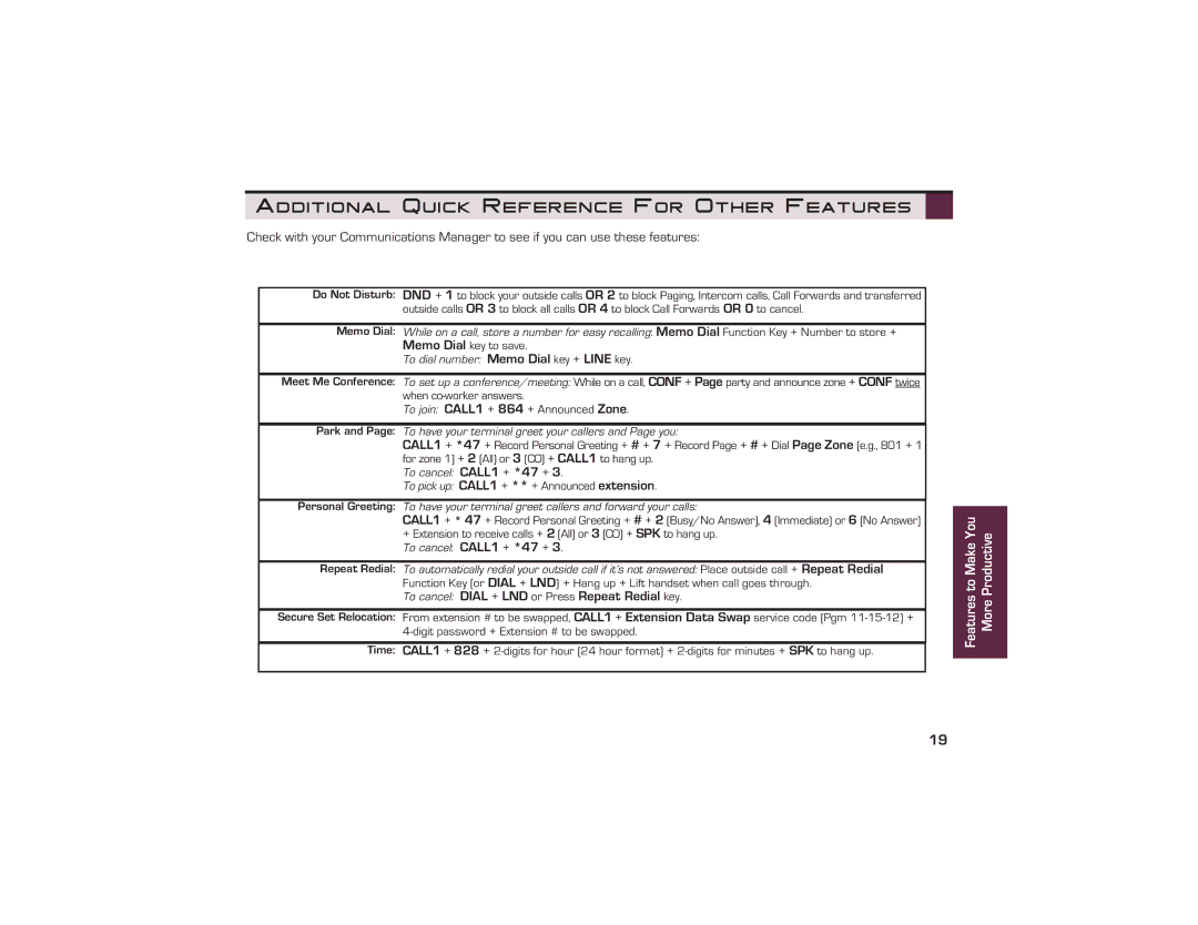 NEC UX5000 manual Additional Quick Reference For Other Features, To pick up CALL1 + ** + Announced extension 