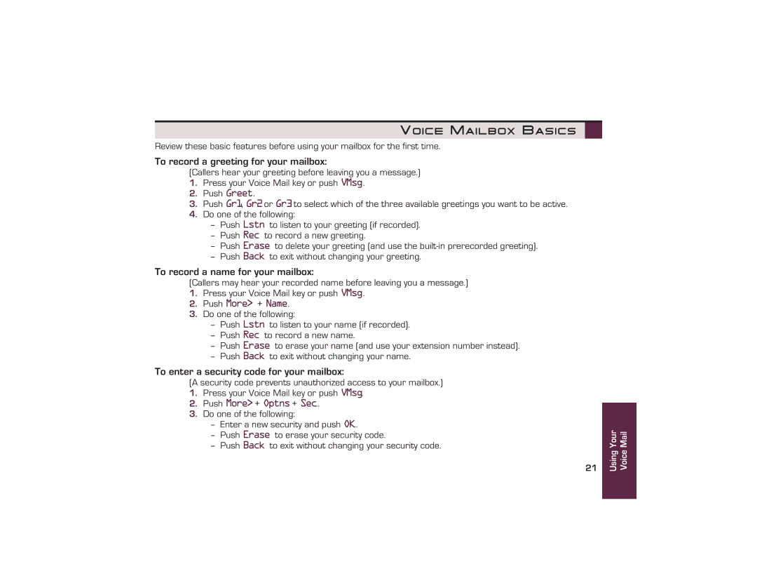 NEC UX5000 manual Voice Mailbox Basics, To record a greeting for your mailbox, To record a name for your mailbox 