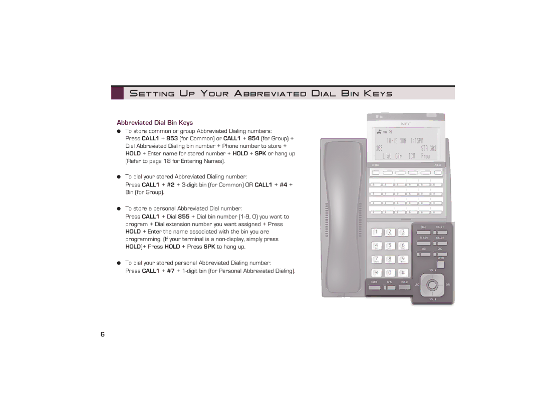 NEC UX5000 manual Setting Up Your Abbreviated Dial Bin Keys 