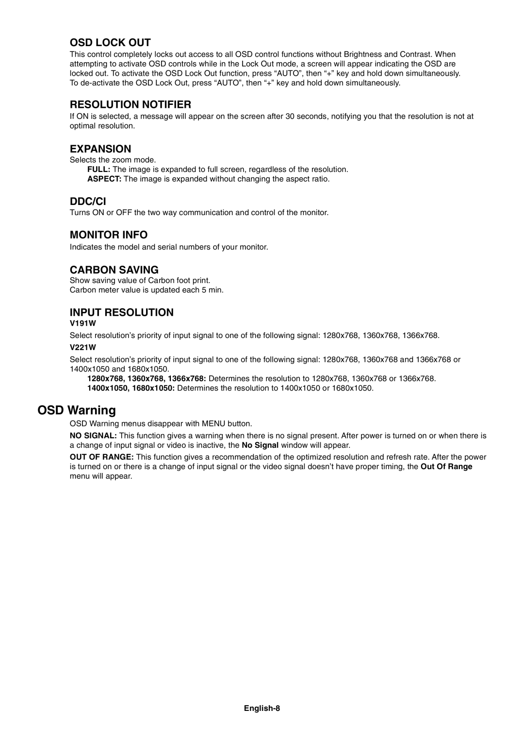 NEC V221W-BK user manual OSD Warning, V191W, English-8 