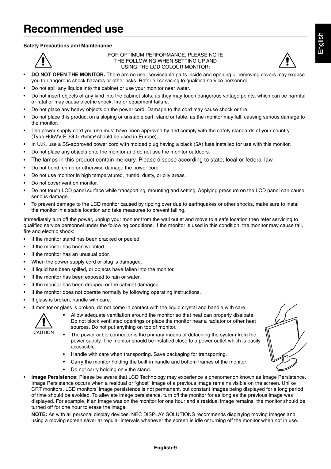 NEC V221W-BK user manual Recommended use, Safety Precautions and Maintenance, English-9 