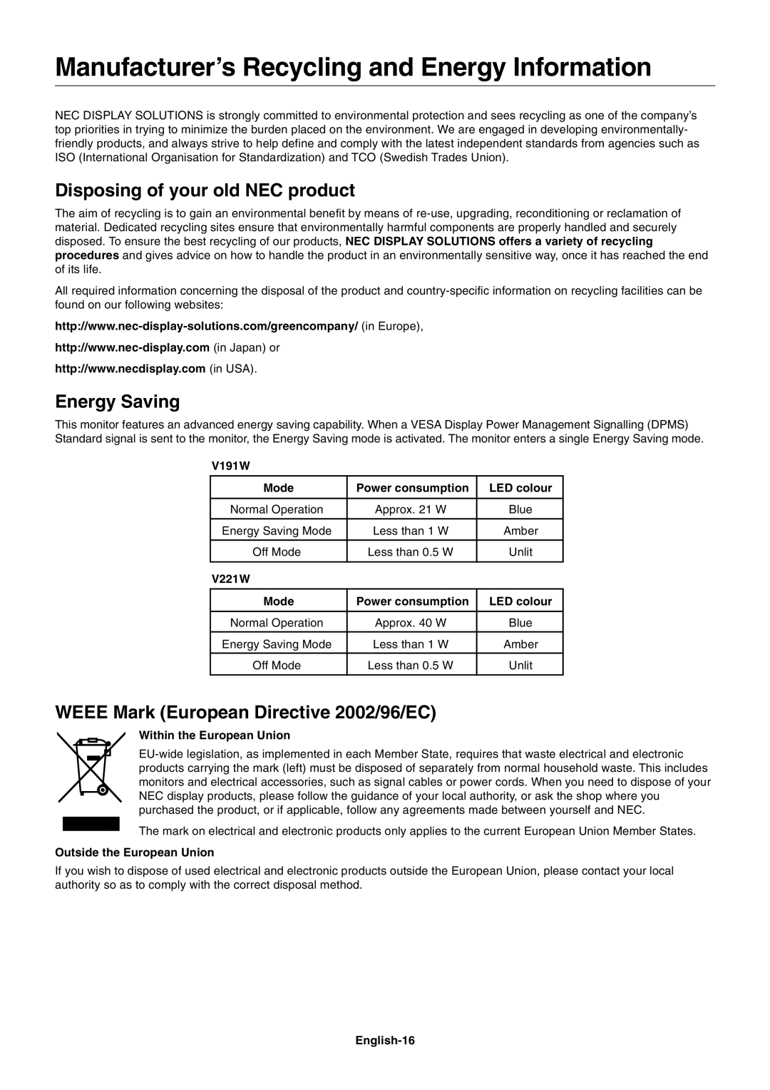 NEC V221W-BK user manual ManufacturerÕs Recycling and Energy Information, Disposing of your old NEC product, Energy Saving 