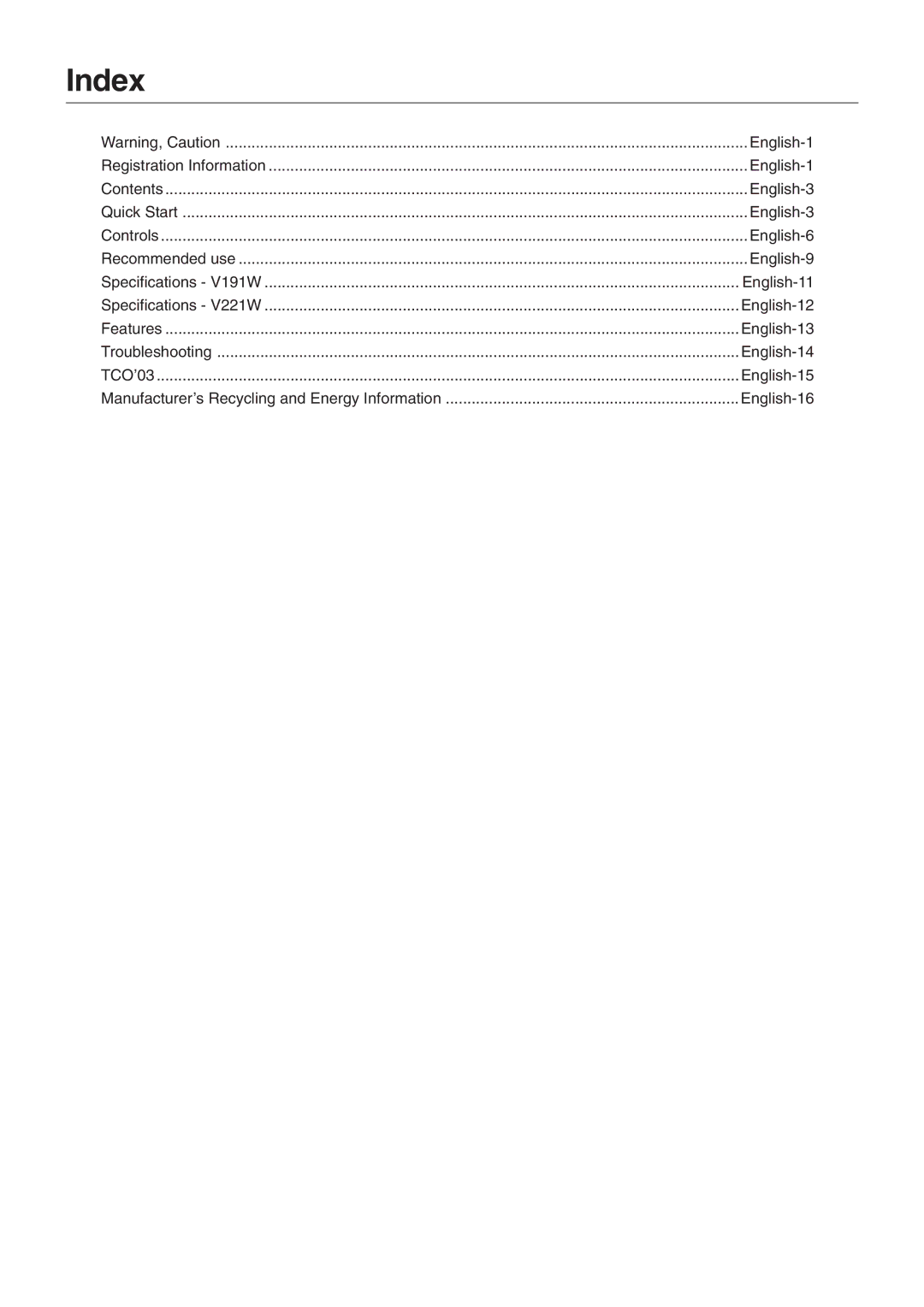 NEC V221W-BK user manual Index, English-16 