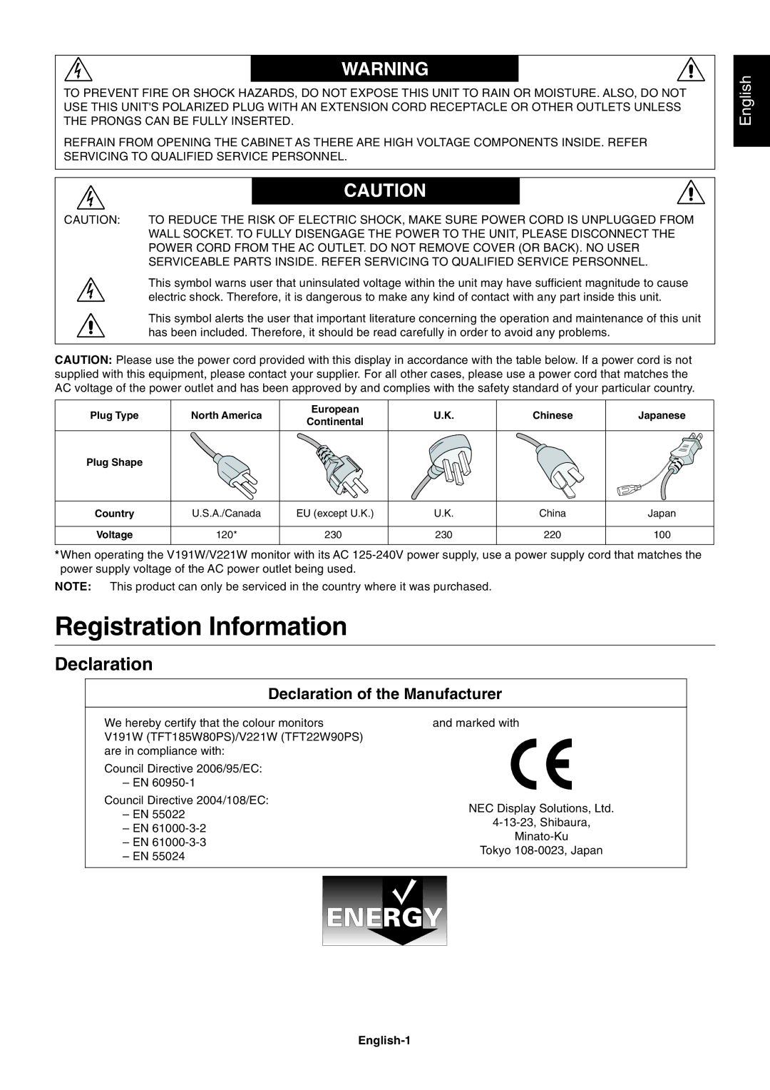 NEC V221W-BK user manual Registration Information, Declaration, English-1 