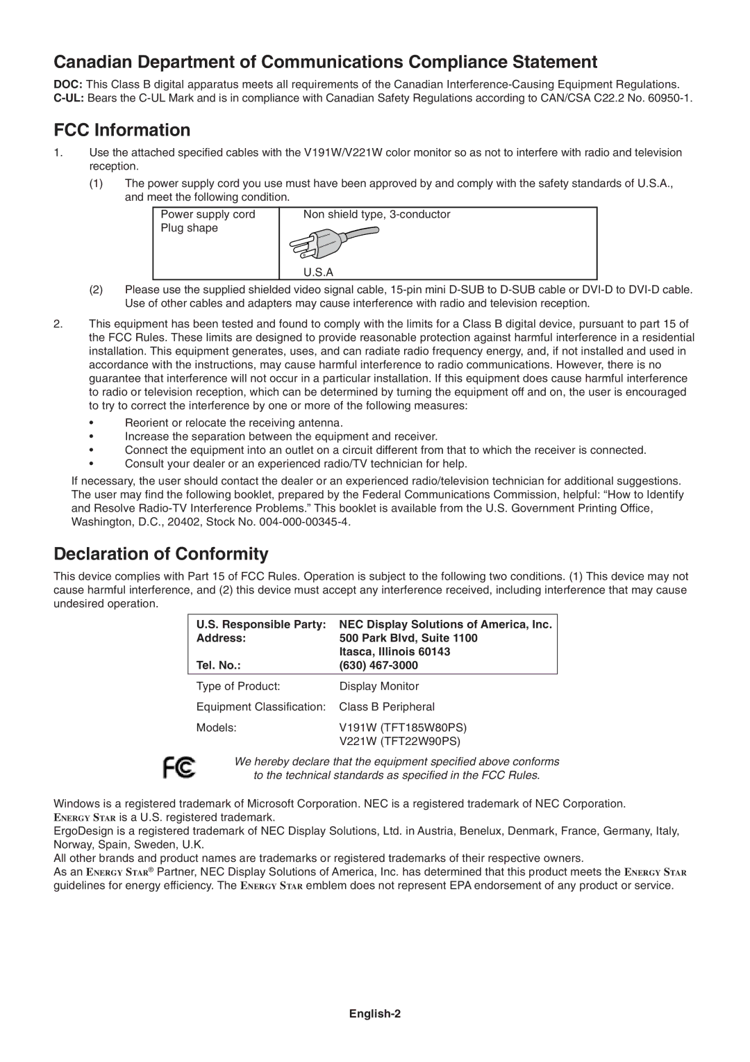 NEC V221W-BK Canadian Department of Communications Compliance Statement, FCC Information, Declaration of Conformity 