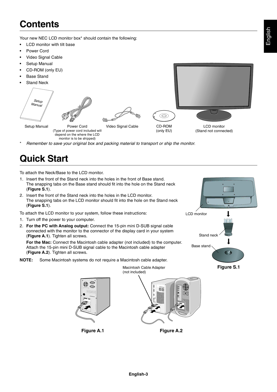 NEC V221W-BK user manual Contents, Quick Start 