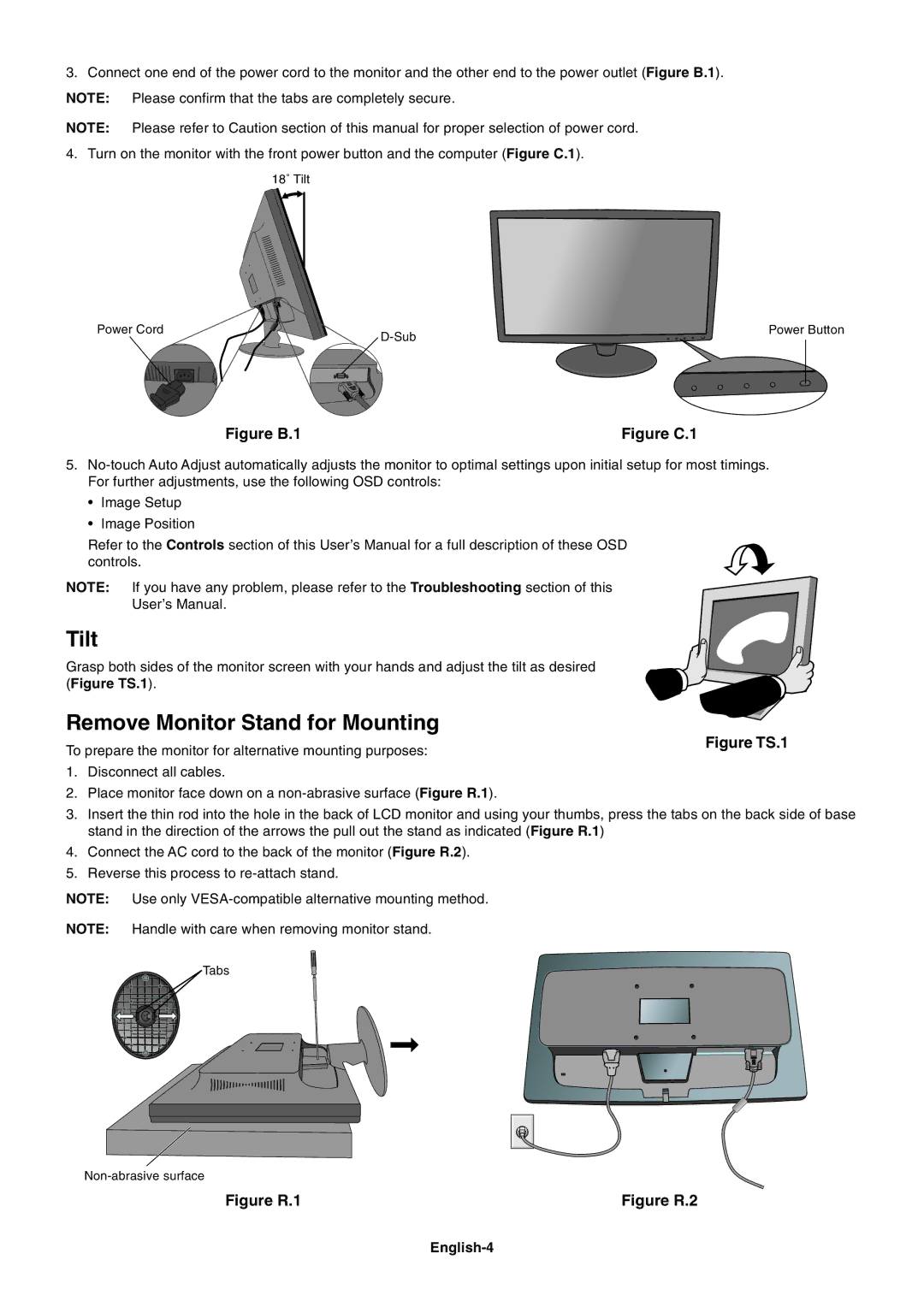 NEC V221W-BK user manual Tilt, Remove Monitor Stand for Mounting, English-4 