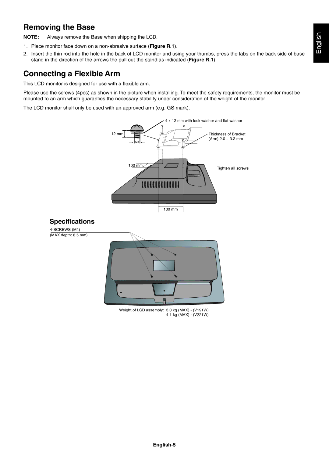 NEC V221W-BK user manual Removing the Base, Connecting a Flexible Arm, English-5 