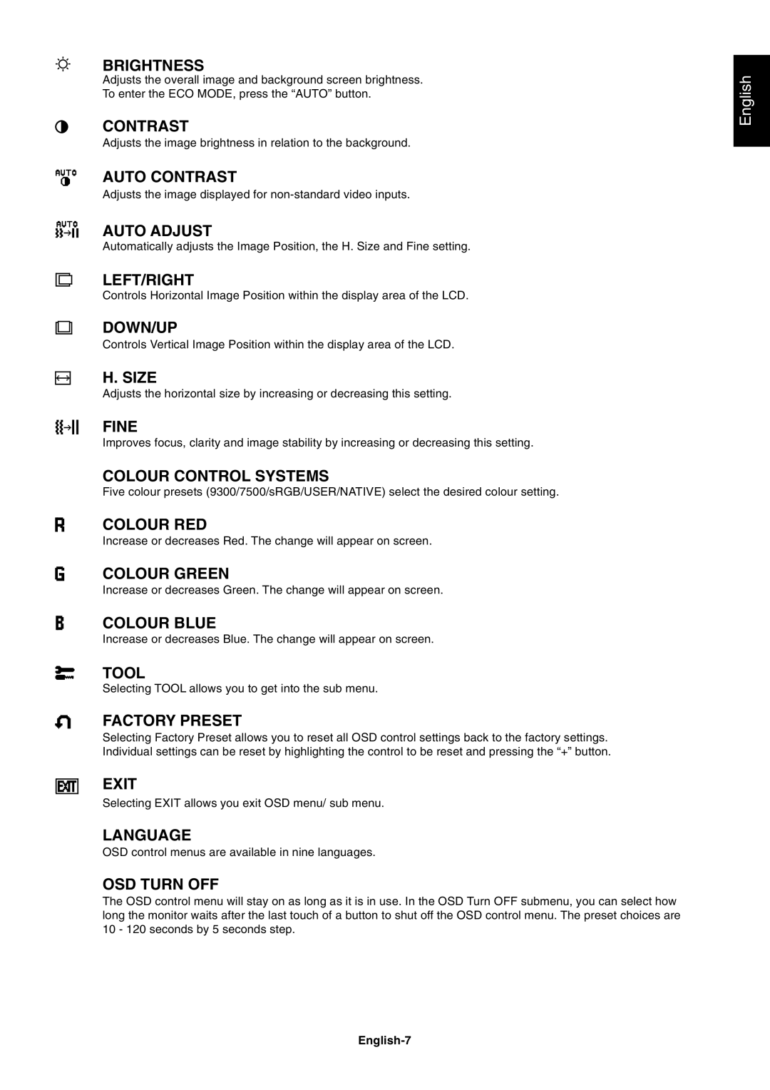 NEC V221W-BK user manual Brightness, English-7 