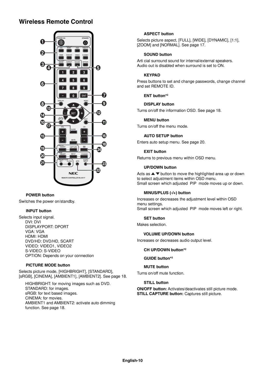 NEC V322AVT user manual Wireless Remote Control 