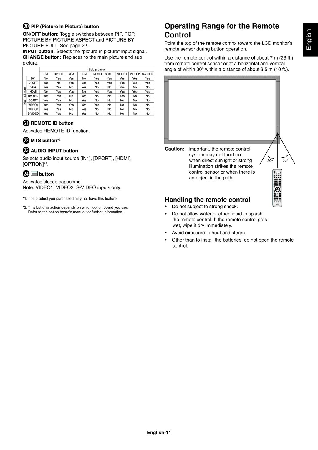 NEC V322AVT user manual Operating Range for the Remote Control, Handling the remote control 