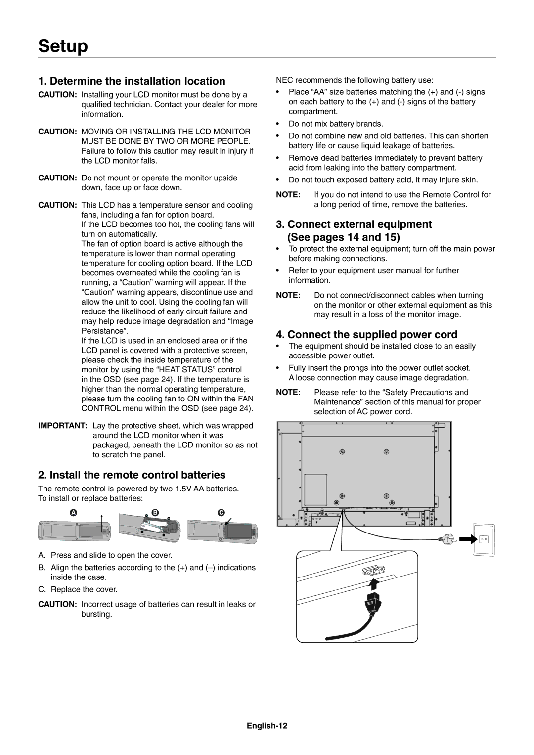 NEC V322AVT user manual Setup, Determine the installation location, Install the remote control batteries 