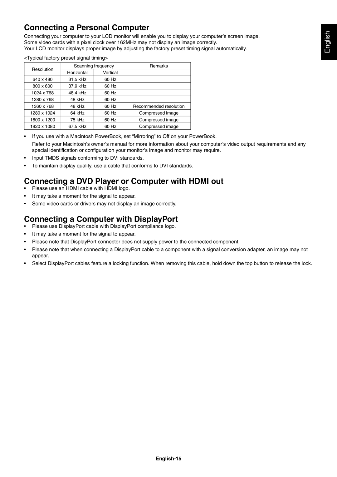 NEC V322AVT user manual Connecting a Personal Computer, Connecting a DVD Player or Computer with Hdmi out, English-15 