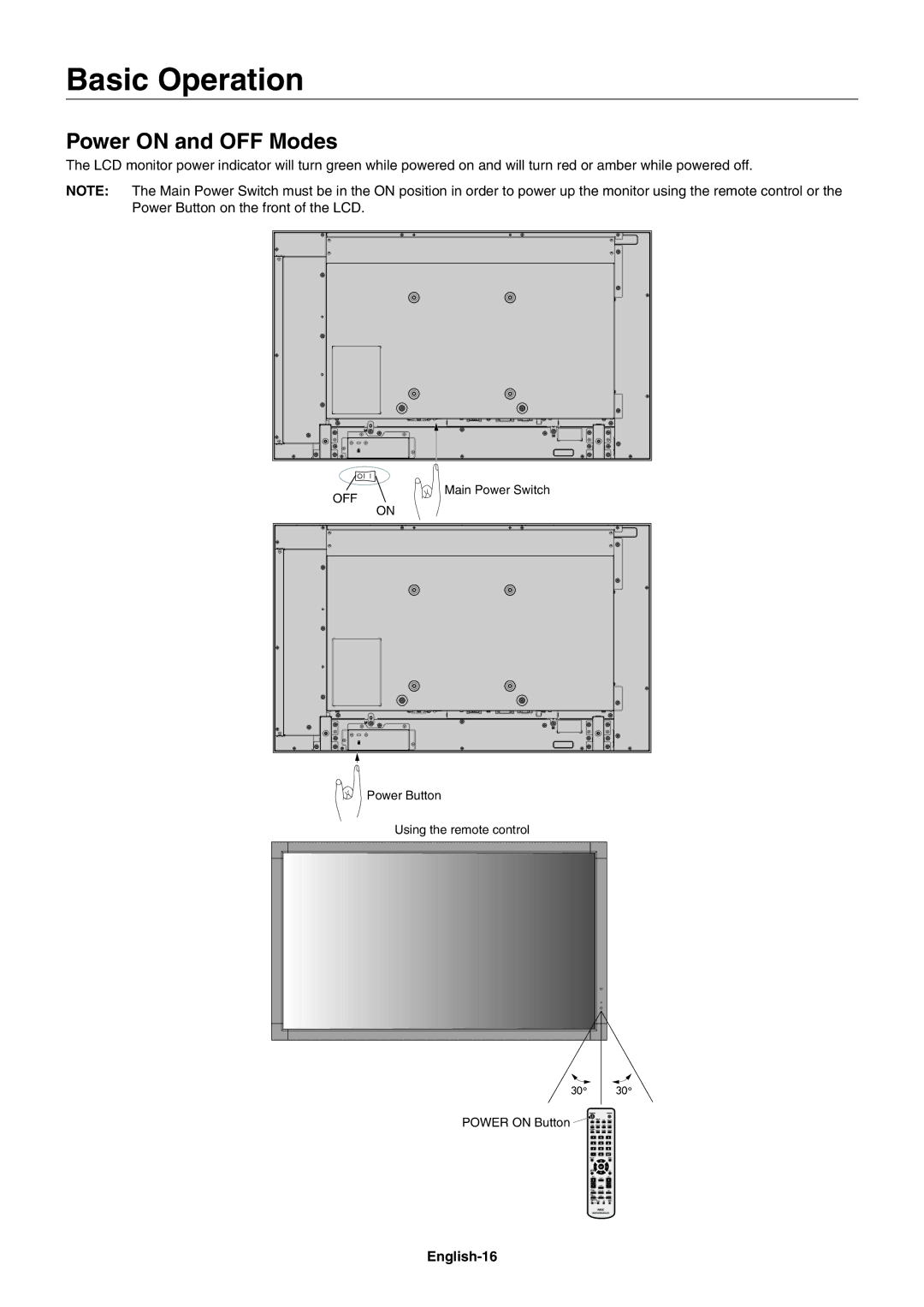 NEC V322AVT user manual Basic Operation, Power on and OFF Modes, English-16, Off 